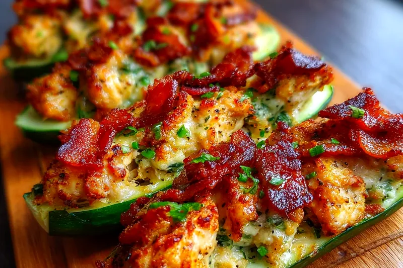Ingredients laid out including fresh cucumbers, cooked chicken, crispy bacon, cream cheese, fresh herbs, and seasonings on a marble counter