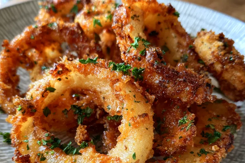 Hands dipping an onion ring in egg wash then coating with seasoned almond flour mixture
