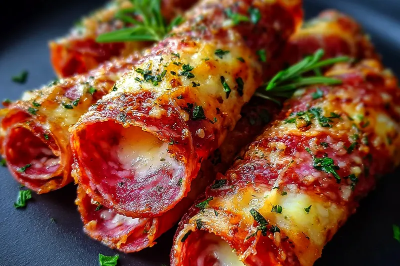 Step-by-step process showing hands spreading herb cream cheese mixture on salami slices and rolling them up on a clean kitchen counter
