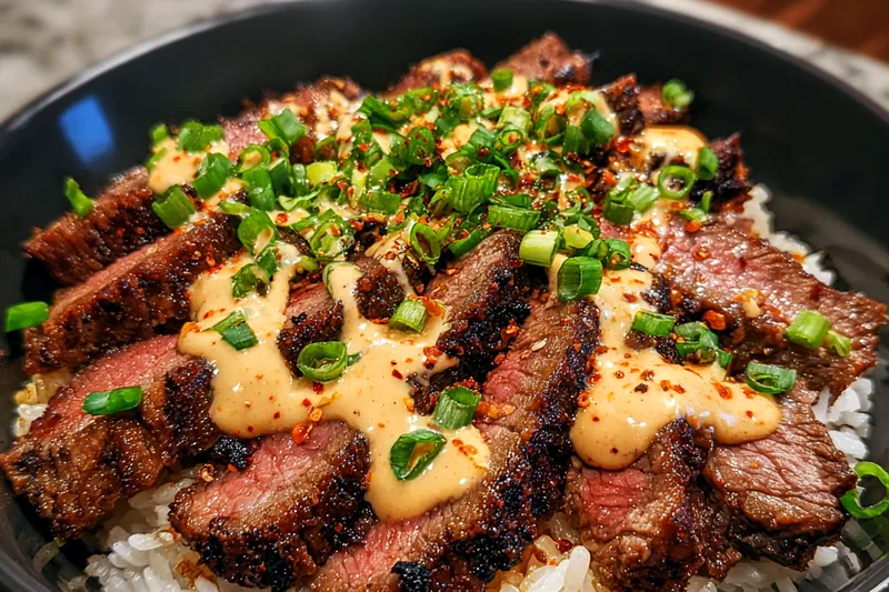 Chef Mitchell cooking flank steak in a skillet for the Savory Korean BBQ Steak Bowl.