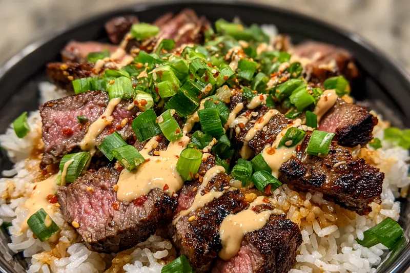 Fresh ingredients laid out for Savory Korean BBQ Steak Bowl including flank steak, vegetables, and rice.