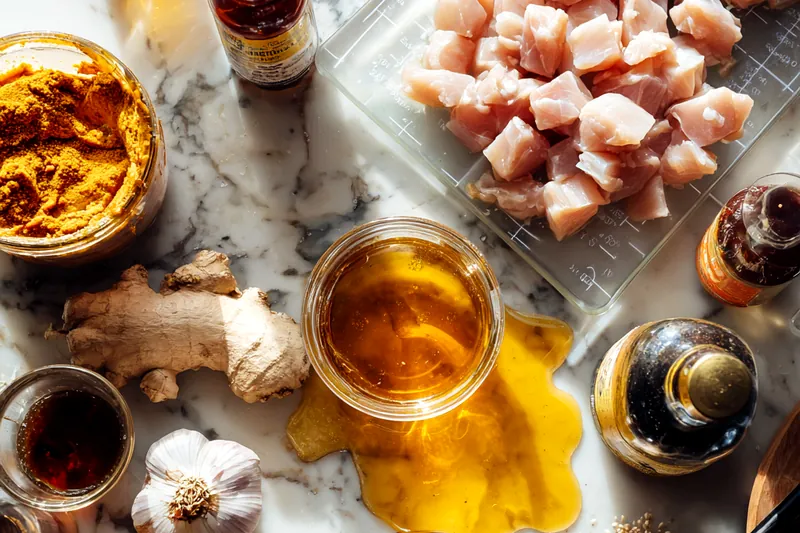 Action shot of gochujang glazed chicken pieces being tossed in a large stainless steel skillet, with the glossy red-brown sauce coating the golden-seared chicken, steam rising, wooden spatula visible mid-toss