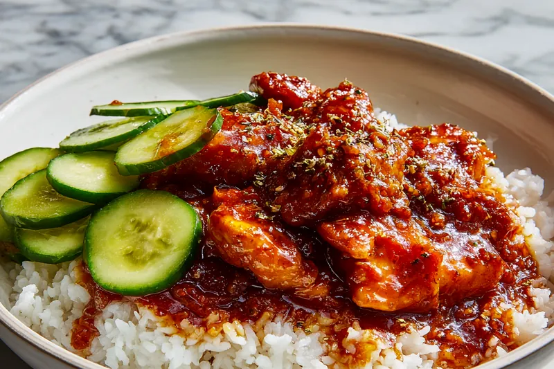Overhead shot of ingredients arranged on a white surface including a red tub of gochujang paste, raw chicken thighs on a wooden cutting board, small bowls of minced garlic and grated ginger, bottles of soy sauce and rice vinegar, a jar of honey, fresh green onions, and sesame seeds in a small dish