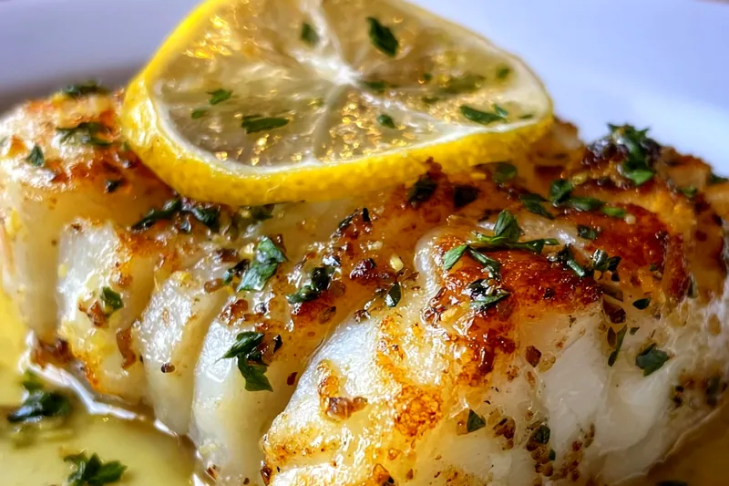 Fresh cod fillets, melted butter, lemons, garlic, and fresh herbs arranged on a marble countertop with a baking dish