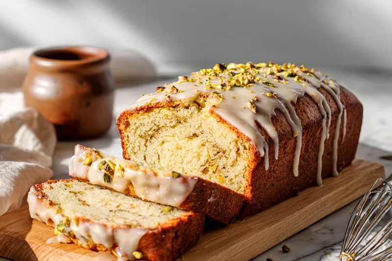 Close-up of thick yellow-green cake batter being folded in a glass mixing bowl with a wooden spoon, showing the smooth, creamy consistency studded with tiny green pistachio pieces