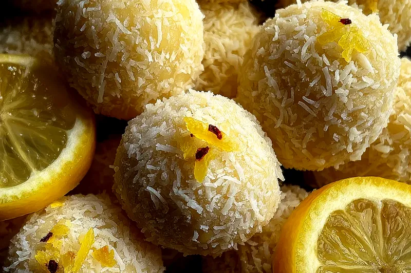 Ingredients for lemon zest balls arranged on a marble counter: bowl of dates, cashews, fresh lemons with zester, coconut flakes, and measuring spoons