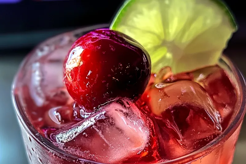 Cocktail ingredients including vodka, peach schnapps, blue curaçao, fruit juices, and garnishes arranged on a bar counter