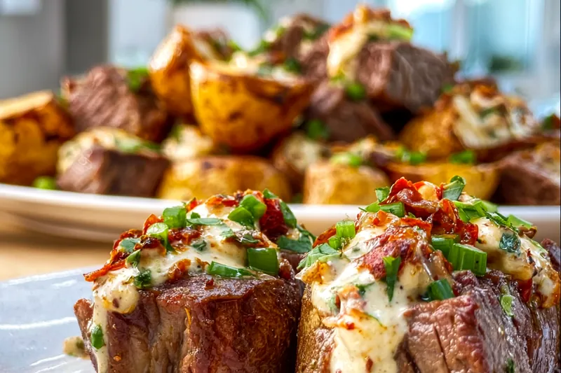 Raw ingredients for loaded baked potato steak bites including cubed sirloin steak, bacon strips, shredded cheddar, sour cream, and fresh chives arranged on a wooden cutting board