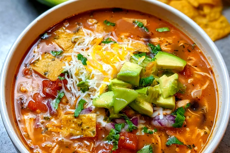 Fresh ingredients for chicken tortilla soup including chicken breasts, colorful bell peppers, corn, black beans, tomatoes, and fresh cilantro arranged on a wooden surface