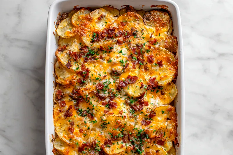 Loaded Steak Potato Bake cooking in the oven