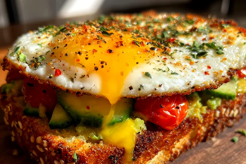 Fresh ingredients for loaded veggie toast including seeded bread, colorful bell peppers, zucchini, cherry tomatoes, eggs, and fresh herbs on a wooden board