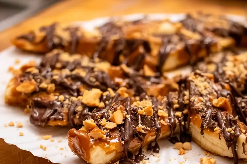 Step-by-step assembly showing bananas being dipped in peanut butter mixture, then chocolate coating, demonstrating the layering process