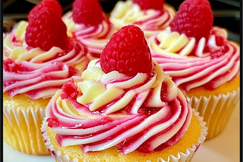Cupcake batter being filled into paper liners with raspberry mixture being dropped on top, showing the pre-swirl preparation stage