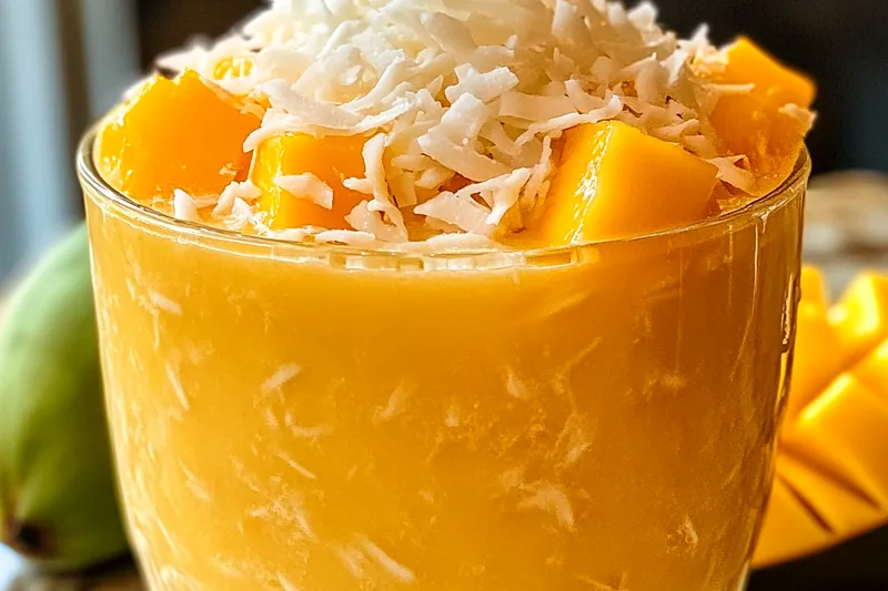 High-speed blender filled with golden mango chunks, coconut milk, and other ingredients, showing the blending process for smooth tropical drink
