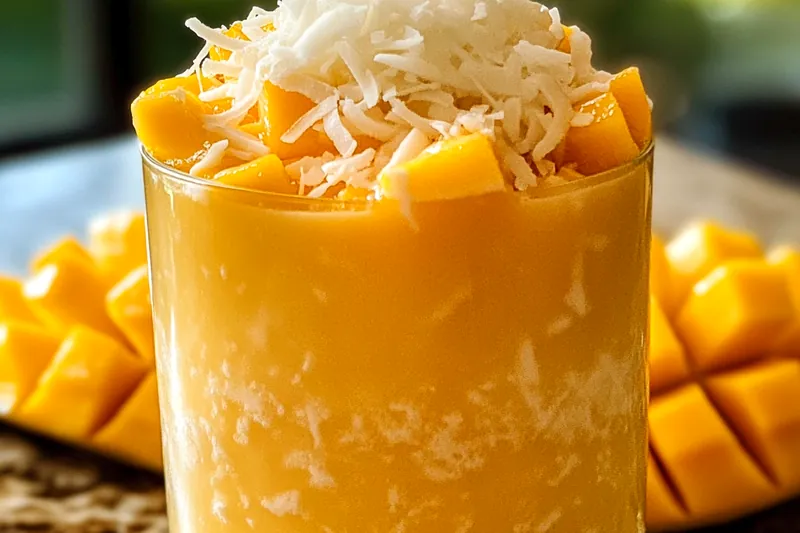 Fresh tropical ingredients including ripe mangoes, coconut milk can, coconut water, limes, honey, and toasted coconut flakes arranged on a bamboo surface