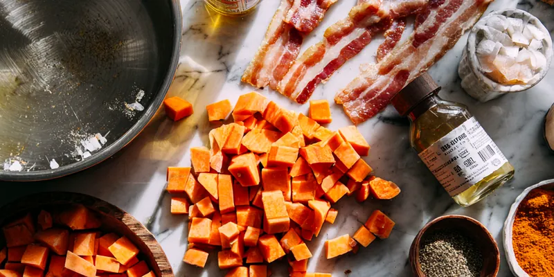 Golden roasted sweet potato cubes with crispy bacon pieces piled on a white ceramic plate, glistening with maple glaze, garnished with fresh parsley, photographed on a marble counter with natural lighting