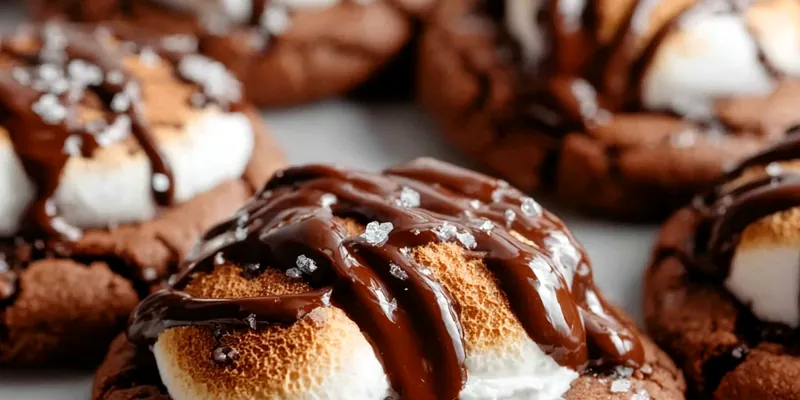 Soft chocolate cookies with melted marshmallow centers oozing out, dusted with powdered sugar and garnished with mini marshmallows on a rustic wooden board