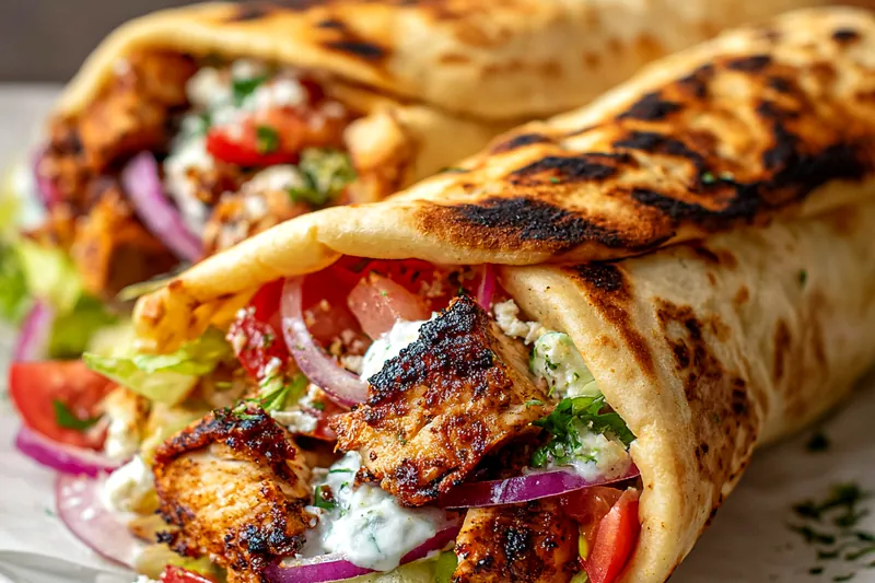 Fresh ingredients for Mediterranean chicken gyros including raw chicken thighs, pita bread, cucumber, Greek yogurt, herbs, and vegetables arranged on a marble surface