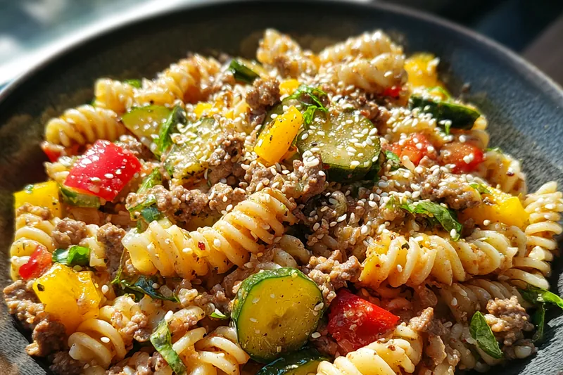 Ground beef and colorful vegetables being tossed with fusilli pasta in a large skillet, showing the cooking process