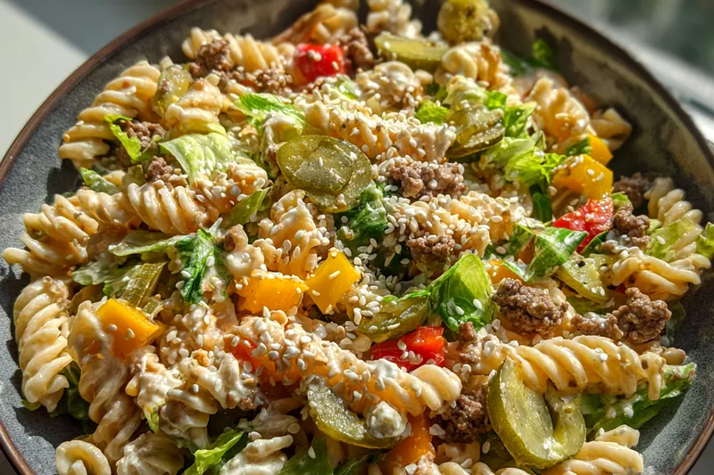 Fresh ingredients for Mediterranean pasta including fusilli, ground beef, colorful bell peppers, zucchini, herbs, and sesame seeds