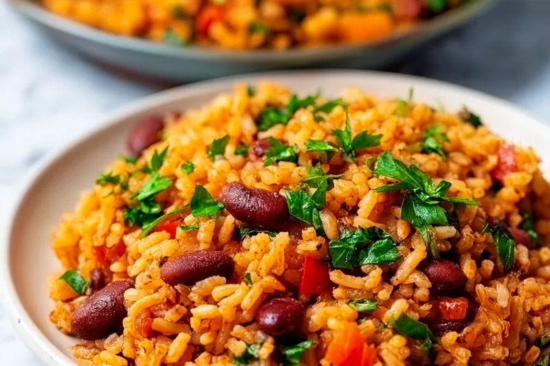Fresh Mediterranean ingredients including rice, white beans, chickpeas, tomatoes, bell peppers, fresh herbs, and olive oil arranged on a marble surface