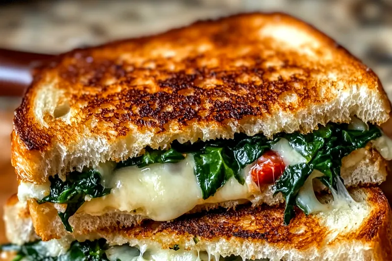 Mediterranean grilled cheese cooking in skillet showing golden-brown exterior and beginning to melt cheese with spinach visible at edges