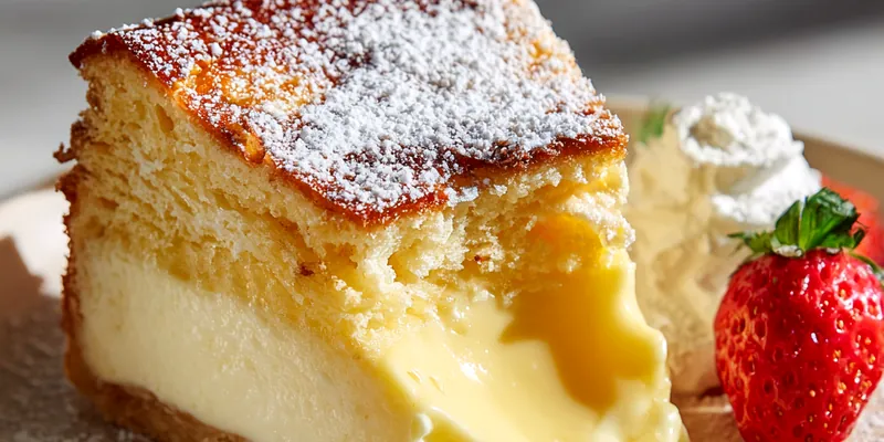 Golden melt-in-your-mouth custard cake in black cast iron skillet with puffed edges, powdered sugar dusting, and creamy custard-filled center