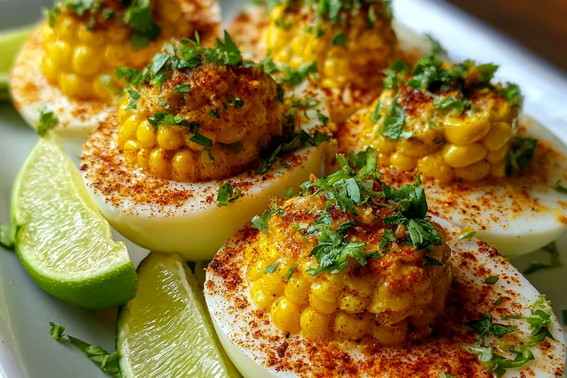 A close-up of the deviled eggs being filled with the corn mixture, showcasing vibrant colors.