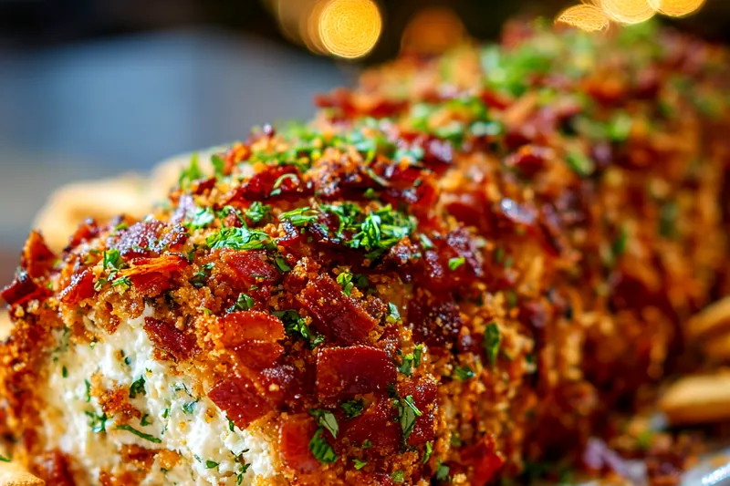 Bacon-wrapped goat cheese log in the oven showing golden-brown bacon crisping perfectly, with caramelized onions visible through the cheese mixture