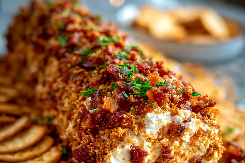 Ingredients for bacon goat cheese log including goat cheese, cream cheese, bacon strips, caramelized onions, pecans, and fresh herbs arranged on a marble counter
