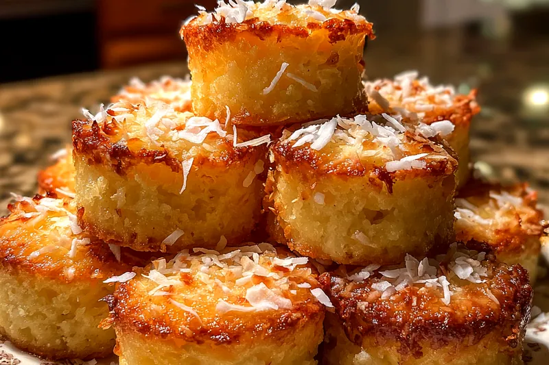 An array of ingredients laid out for Sweet Coconut Cake Delight, including flour, sugar, and coconuts.