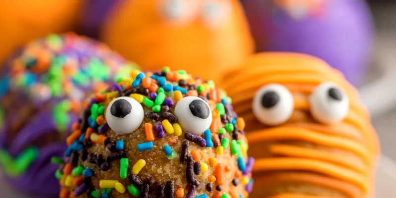 Colorful monster-shaped chocolate truffles with candy eyes, pretzel horns, and white chocolate teeth arranged on a dark Halloween-themed background