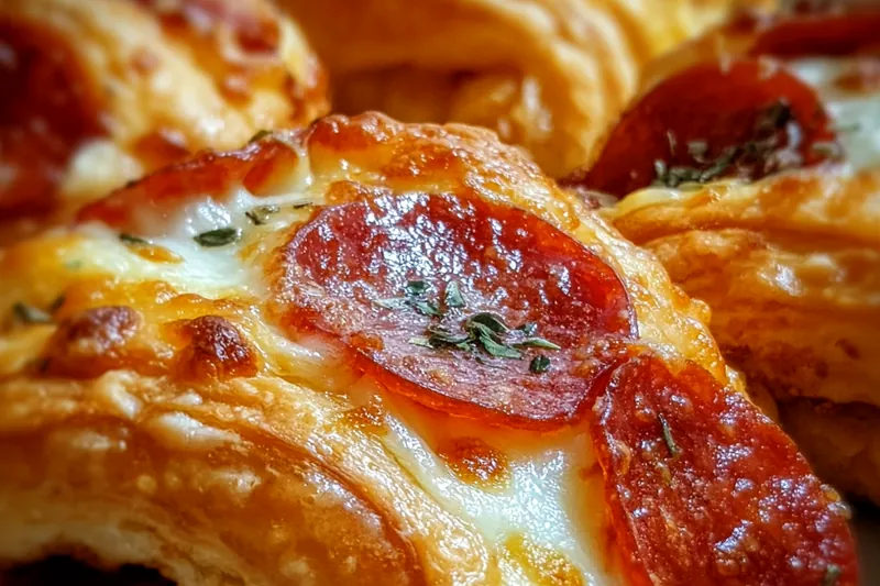 Croissant rolls being assembled on a baking sheet, showing the rolling technique with pepperoni and cheese visible inside the dough