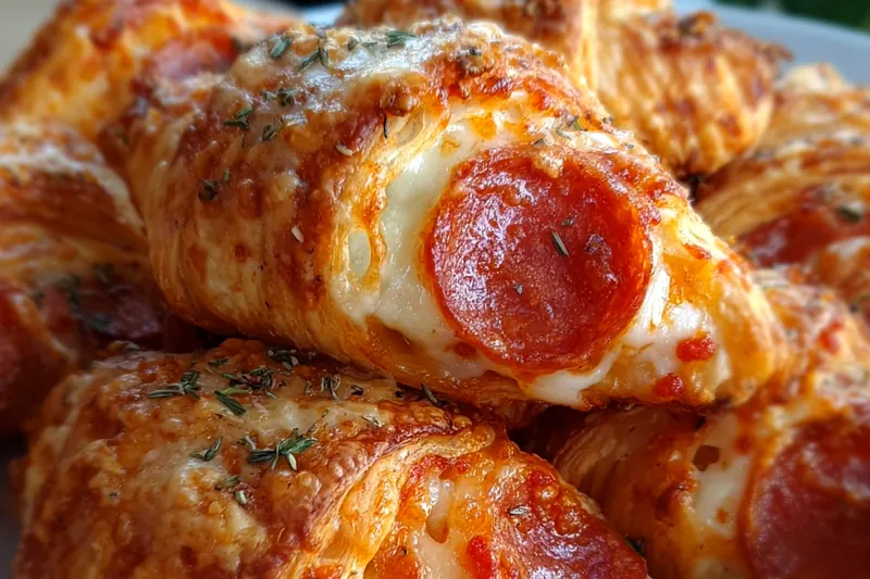 Fresh ingredients for croissant rolls including crescent roll dough tubes, mozzarella string cheese, pepperoni slices, and seasonings arranged on a kitchen counter