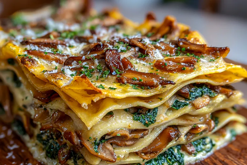Ingredients for Creamy Spinach Mushroom Lasagna displayed neatly on a wooden counter.