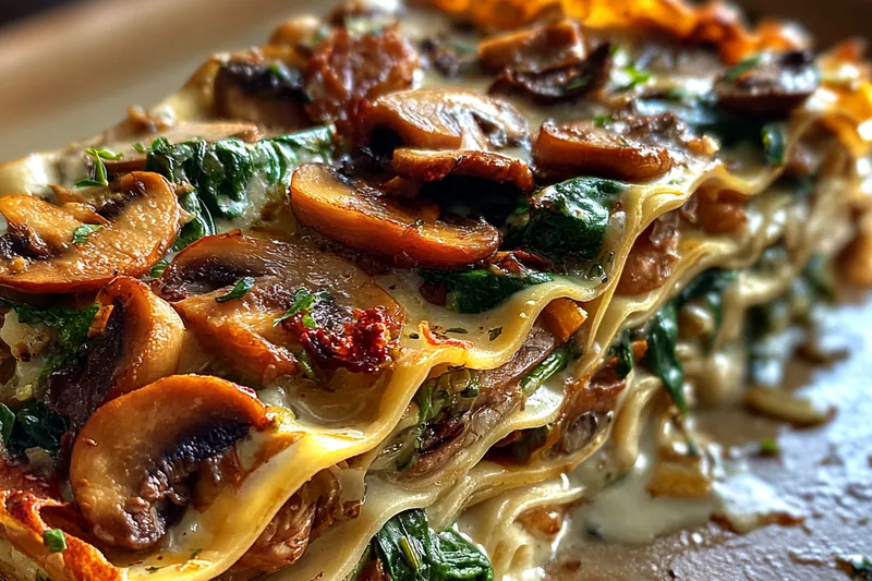 Fresh ingredients for Mushroom Spinach Layer Bake