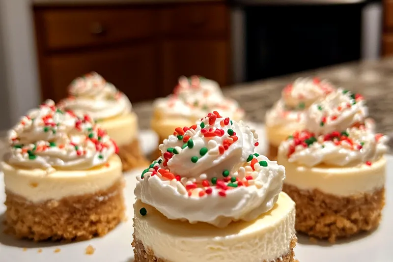 A step-by-step visual guide showcasing the preparation of Festive No-Bake Cheesecakes.