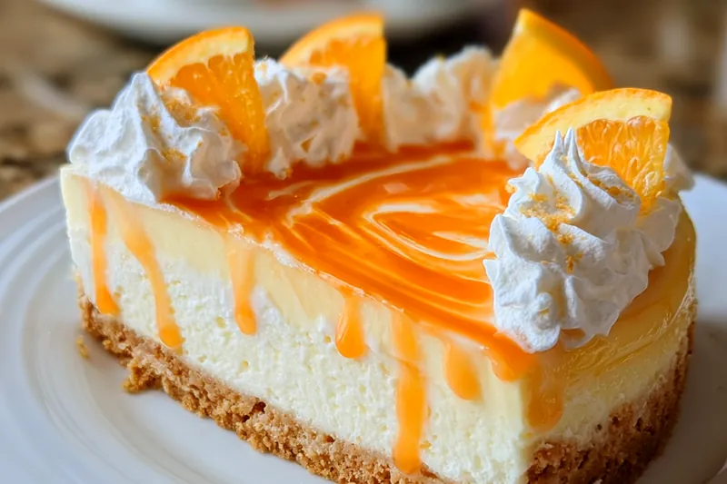Layers of orange creamsicle cheesecake being assembled, showing the bright orange bottom layer and creamy white top layer being poured