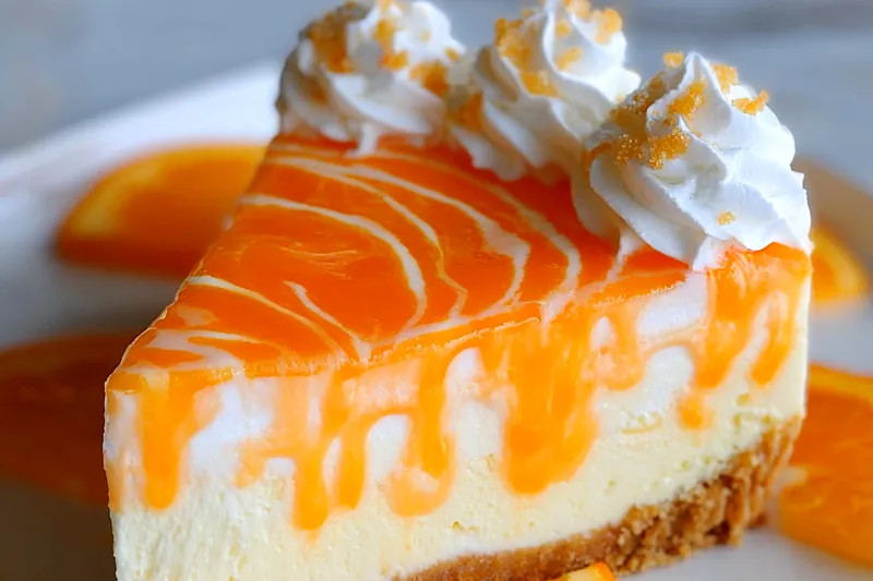 Fresh ingredients for orange creamsicle cheesecake including cream cheese, fresh oranges, vanilla wafers, and heavy cream arranged on a marble countertop