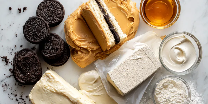 Slice of creamy no-bake peanut butter pie on a white plate, showing layers of dark Oreo crust, smooth light brown filling, topped with chopped peanut butter cups, chocolate chips, and caramel drizzle against a soft gray background