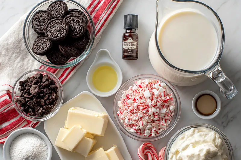 Step-by-step process of assembling No-Bake Peppermint Cheesecake showing Oreo crust, white layer, pink layer, and whipped cream topping