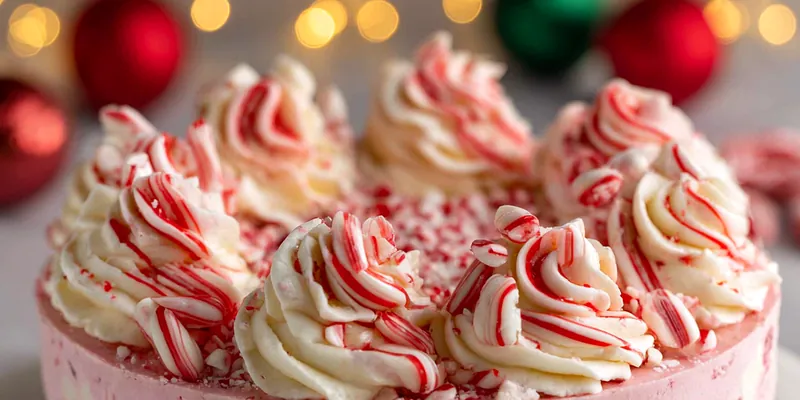 Festive No-Bake Peppermint Cheesecake with pink and white layers on chocolate Oreo crust, topped with swirled whipped cream and peppermint lollipops
