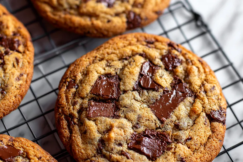 Premium baking ingredients including dark chocolate chunks, brown sugar, flour, and butter arranged on a marble surface