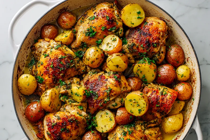 Overhead view of raw ingredients arranged on marble counter: bone-in chicken thighs, halved baby potatoes in a bowl, small bowls of spices including paprika and herbs, fresh garlic cloves, olive oil in a glass bottle, and fresh parsley