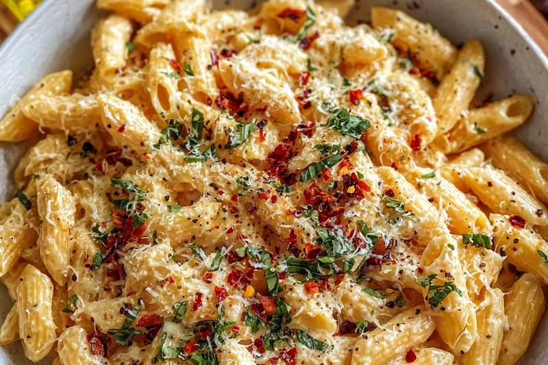 Step-by-step cooking process showing pasta being stirred in creamy sauce in a large pot, with steam rising and sauce gradually thickening around the noodles