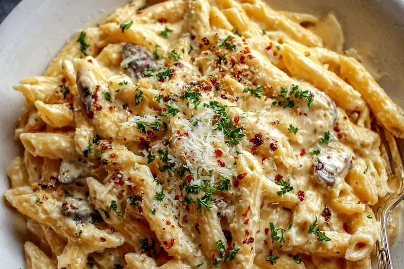 Fresh ingredients for creamy garlic pasta including long pasta, fresh garlic cloves, heavy cream, Parmesan cheese, and vibrant herbs on marble countertop