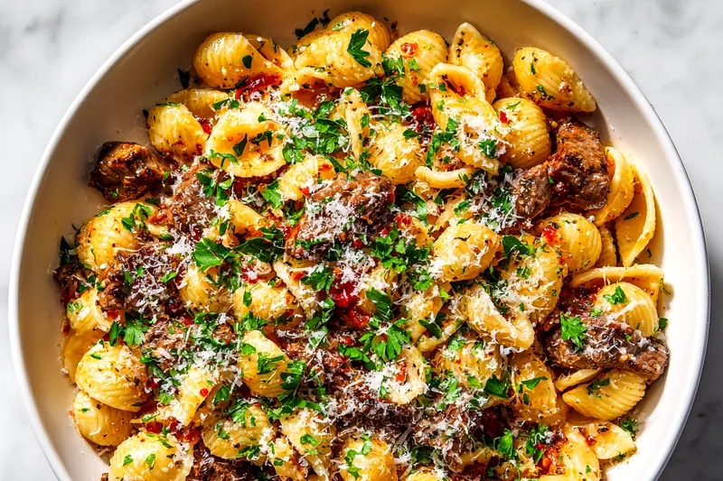 One-pot pasta cooking in a Dutch oven showing the creamy sauce coating penne pasta with seared steak pieces and wilted spinach