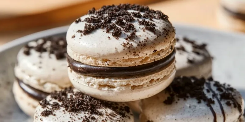 Stacked Oreo macarons with dark chocolate shells and cookies and cream filling, showing perfect feet and smooth tops on a marble surface
