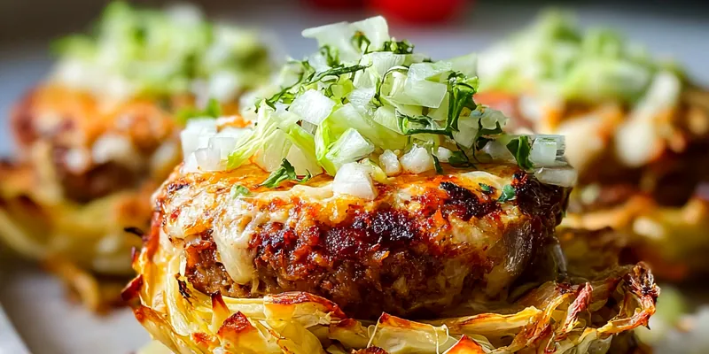 Golden-brown oven-baked cabbage burgers topped with melted mozzarella cheese and marinara sauce in a baking dish, garnished with fresh parsley