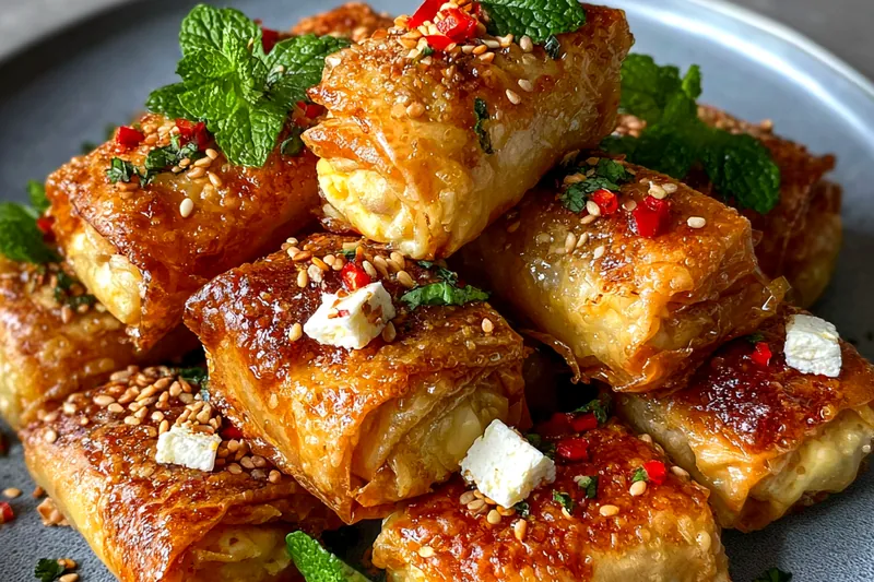 Vibrant and fresh ingredients for Crispy Feta Rolls with Honey, including feta, ricotta, and phyllo dough displayed on a rustic wooden table.